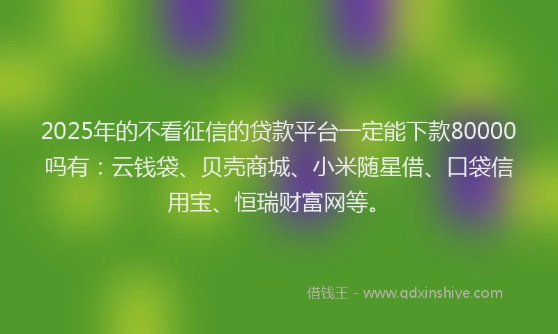 2025年的不看征信的贷款平台一定能下款80000吗有：云钱袋、贝壳商城、小米随星借、口袋信用宝、恒瑞财富网等。