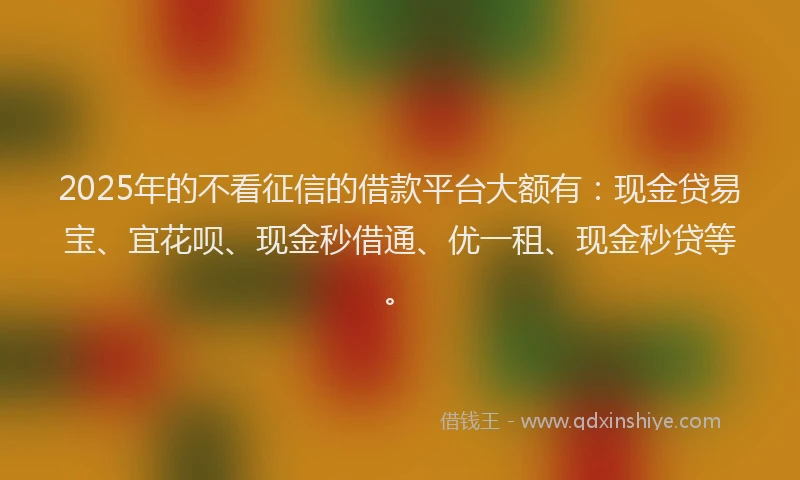 2025年的不看征信的借款平台大额有:现金贷易宝、宜花呗、现金秒借通、优一租、现金秒贷等。
