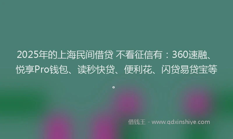 2025年的上海民间借贷 不看征信有：360速融、悦享Pro钱包、读秒快贷、便利花、闪贷易贷宝等。