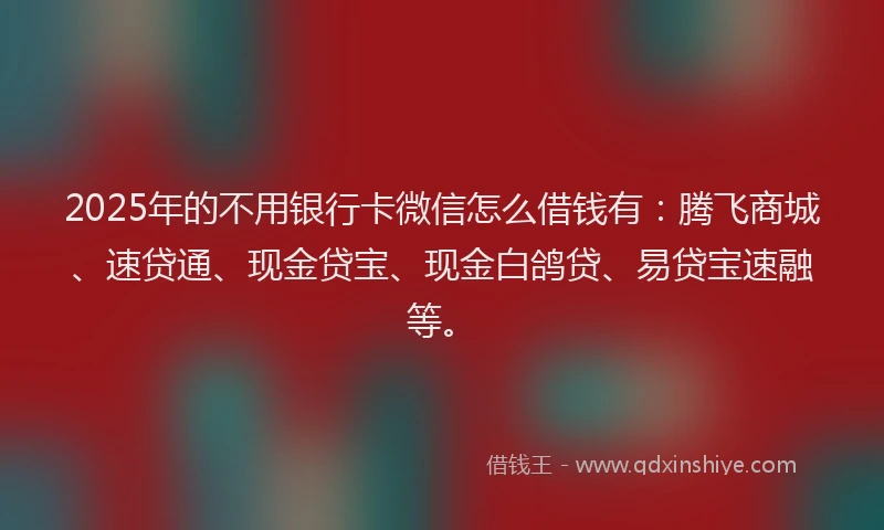 2025年的不用银行卡微信怎么借钱有：腾飞商城、速贷通、现金贷宝、现金白鸽贷、易贷宝速融等。