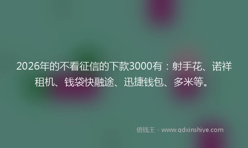 2026年的不看征信的下款3000有：射手花、诺祥租机、钱袋快融途、迅捷钱包、多米等。