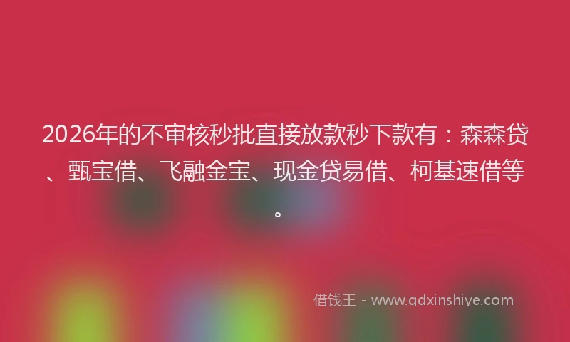 2026年的不审核秒批直接放款秒下款有：森森贷、甄宝借、飞融金宝、现金贷易借、柯基速借等。