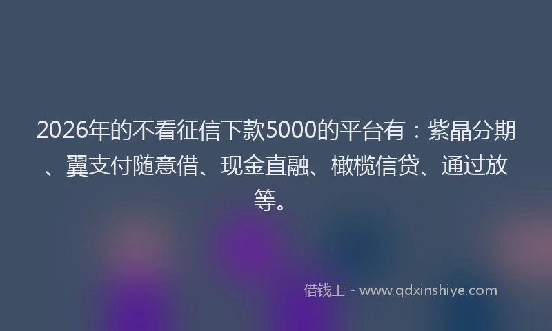 2026年的不看征信下款5000的平台有：紫晶分期、翼支付随意借、现金直融、橄榄信贷、通过放等。
