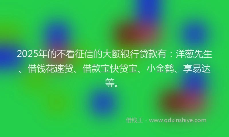 2025年的不看征信的大额银行贷款有：洋葱先生、借钱花速贷、借款宝快贷宝、小金鹤、享易达等。