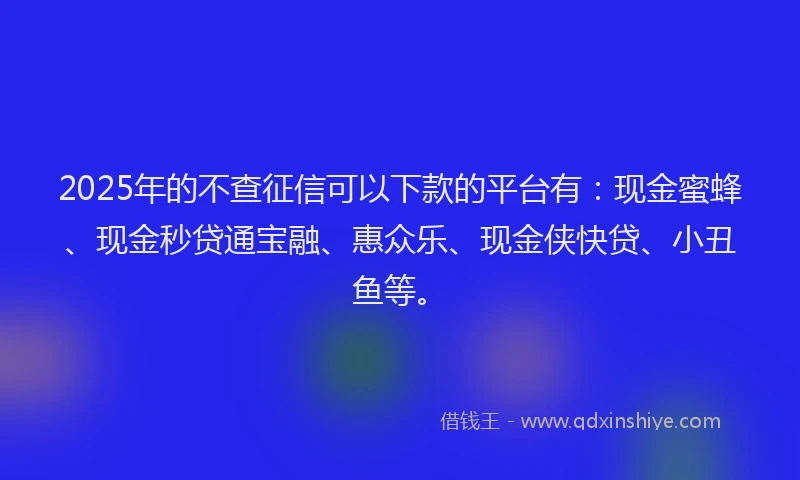 2025年的不查征信可以下款的平台有：现金蜜蜂、现金秒贷通宝融、惠众乐、现金侠快贷、小丑鱼等。