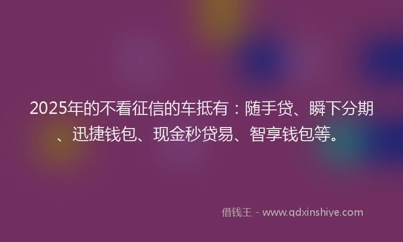2025年的不看征信的车抵有：随手贷、瞬下分期、迅捷钱包、现金秒贷易、智享钱包等。