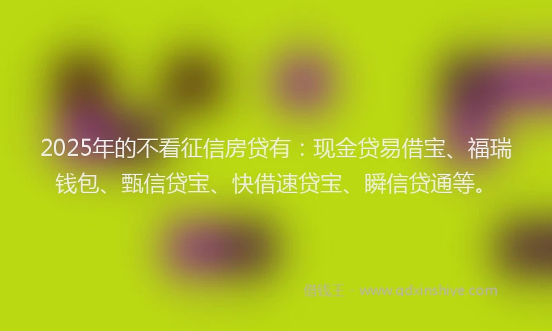 2025年的不看征信房贷有:现金贷易借宝、福瑞钱包、甄信贷宝、快借速贷宝、瞬信贷通等。