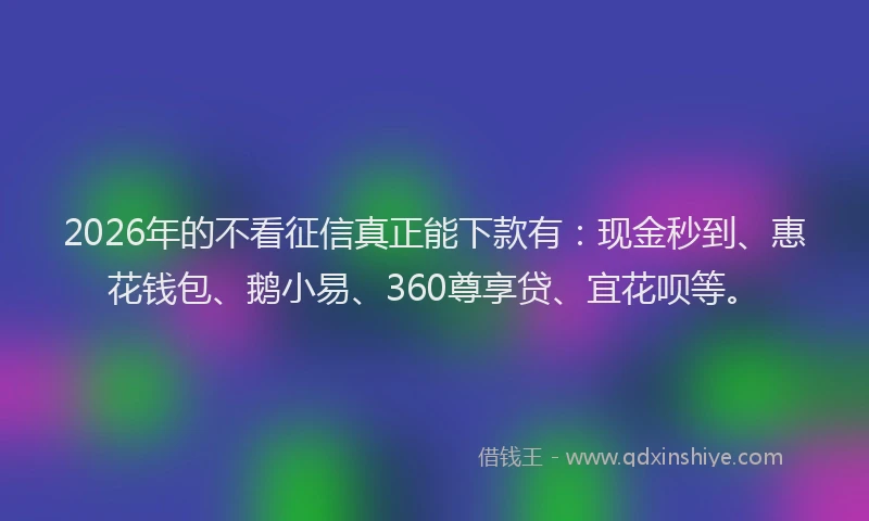 2026年的不看征信真正能下款有：现金秒到、惠花钱包、鹅小易、360尊享贷、宜花呗等。