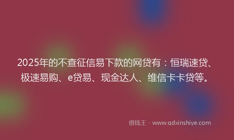 2025年的不查征信易下款的网贷有:恒瑞速贷、极速易购、e贷易、现金达人、维信卡卡贷等。