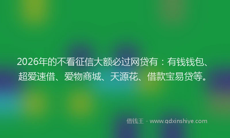 2026年的不看征信大额必过网贷有：有钱钱包、超爱速借、爱物商城、天源花、借款宝易贷等。