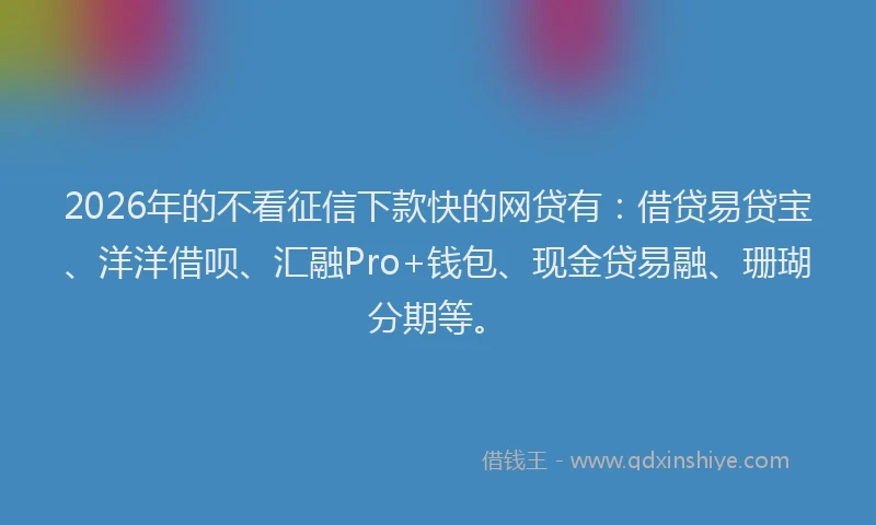 2026年的不看征信下款快的网贷有：借贷易贷宝、洋洋借呗、汇融Pro+钱包、现金贷易融、珊瑚分期等。