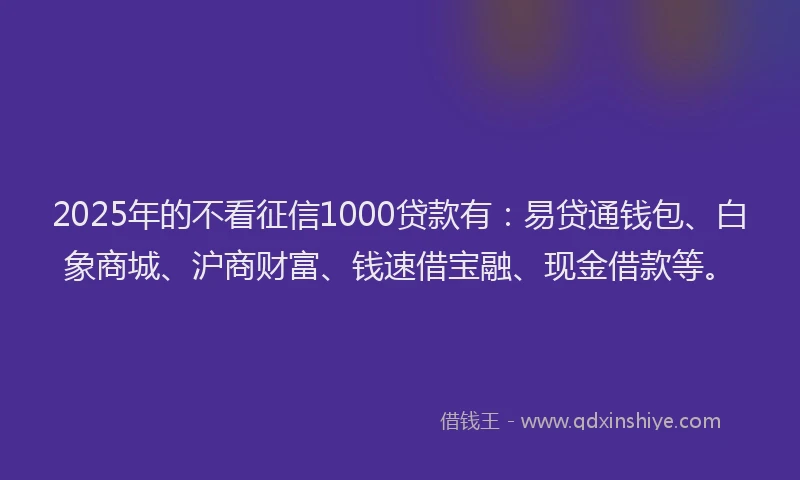 2025年的不看征信1000贷款有:易贷通钱包、白象商城、沪商财富、钱速借宝融、现金借款等。