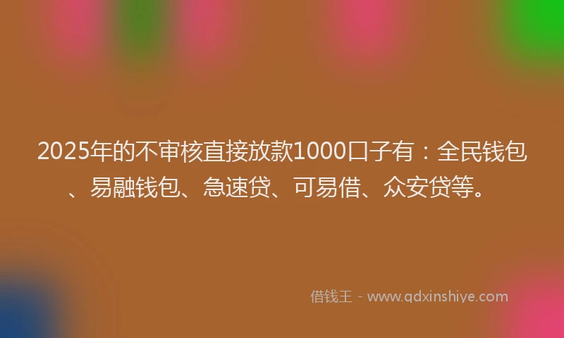 2025年的不审核直接放款1000口子有:全民钱包、易融钱包、急速贷、可易借、众安贷等。
