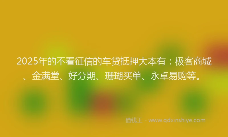 2025年的不看征信的车贷抵押大本有：极客商城、金满堂、好分期、珊瑚买单、永卓易购等。