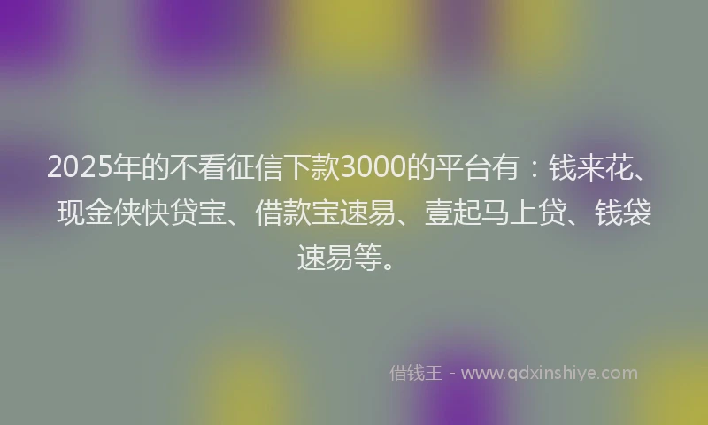2025年的不看征信下款3000的平台有:钱来花、现金侠快贷宝、借款宝速易、壹起马上贷、钱袋速易等。