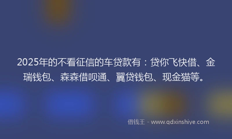 2025年的不看征信的车贷款有：贷你飞快借、金瑞钱包、森森借呗通、翼贷钱包、现金猫等。