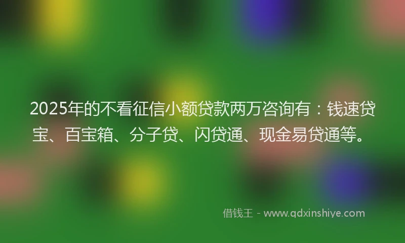 2025年的不看征信小额贷款两万咨询有：钱速贷宝、百宝箱、分子贷、闪贷通、现金易贷通等。