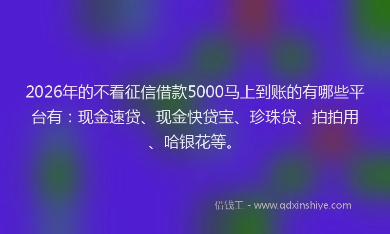 2026年的不看征信借款5000马上到账的有哪些平台有：现金速贷、现金快贷宝、珍珠贷、拍拍用、哈银花等。