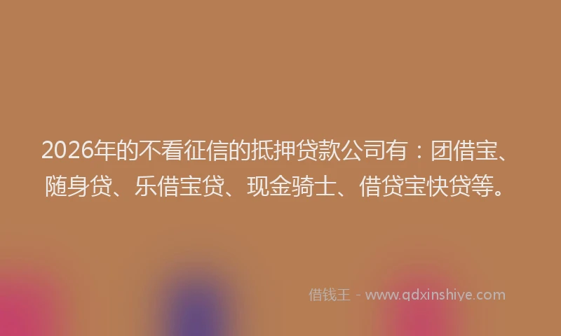 2026年的不看征信的抵押贷款公司有:团借宝、随身贷、乐借宝贷、现金骑士、借贷宝快贷等。