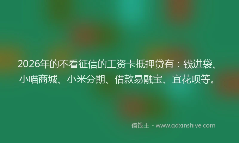 2026年的不看征信的工资卡抵押贷有：钱进袋、小喵商城、小米分期、借款易融宝、宜花呗等。