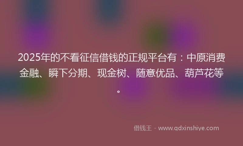 2025年的不看征信借钱的正规平台有：中原消费金融、瞬下分期、现金树、随意优品、葫芦花等。