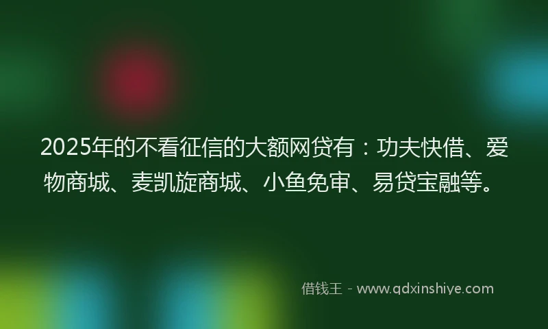 2025年的不看征信的大额网贷有:功夫快借、爱物商城、麦凯旋商城、小鱼免审、易贷宝融等。