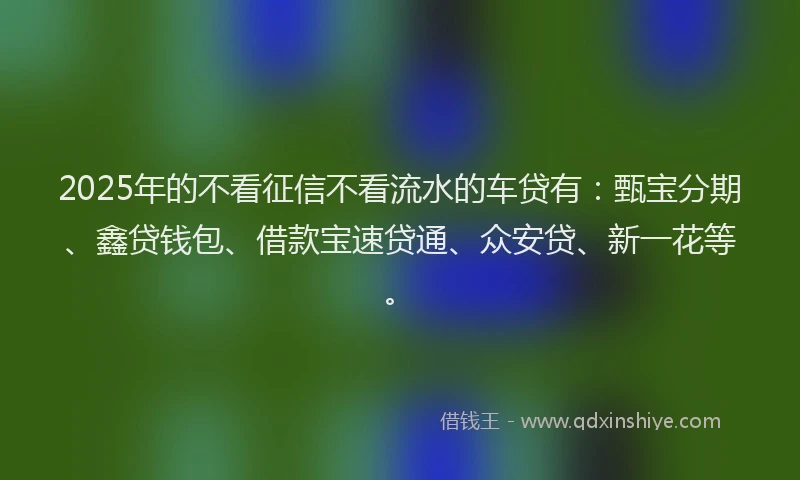 2025年的不看征信不看流水的车贷有：甄宝分期、鑫贷钱包、借款宝速贷通、众安贷、新一花等。