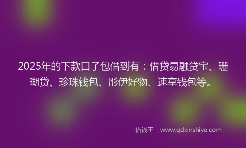 2025年的下款口子包借到有：借贷易融贷宝、珊瑚贷、珍珠钱包、彤伊好物、速享钱包等。