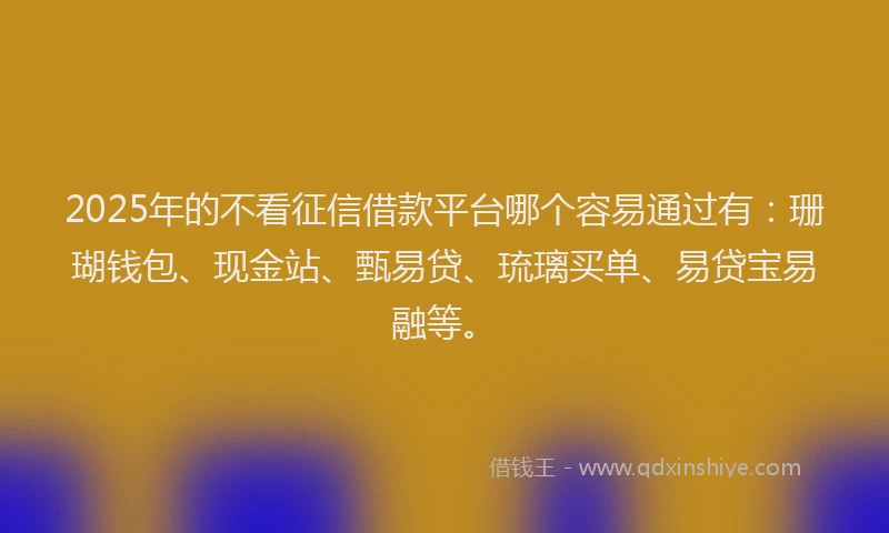 2025年的不看征信借款平台哪个容易通过有:珊瑚钱包、现金站、甄易贷、琉璃买单、易贷宝易融等。