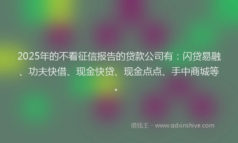 2025年的不看征信报告的贷款公司有：闪贷易融、功夫快借、现金快贷、现金点点、手中商城等。