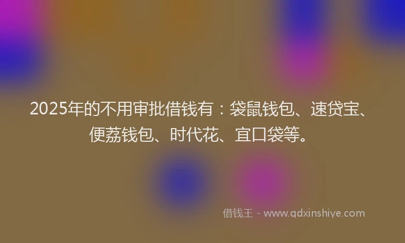 2025年的不用审批借钱有：袋鼠钱包、速贷宝、便荔钱包、时代花、宜口袋等。