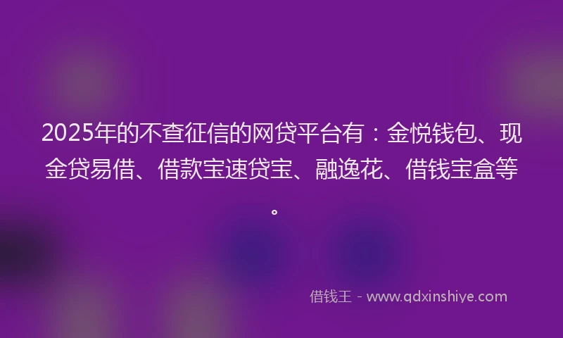 2025年的不查征信的网贷平台有：金悦钱包、现金贷易借、借款宝速贷宝、融逸花、借钱宝盒等。
