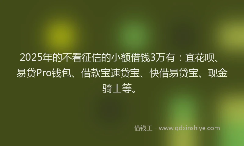 2025年的不看征信的小额借钱3万有：宜花呗、易贷Pro钱包、借款宝速贷宝、快借易贷宝、现金骑士等。