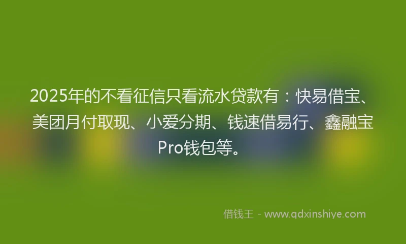 2025年的不看征信只看流水贷款有：快易借宝、美团月付取现、小爱分期、钱速借易行、鑫融宝Pro钱包等。