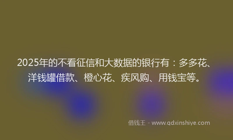 2025年的不看征信和大数据的银行有：多多花、洋钱罐借款、橙心花、疾风购、用钱宝等。