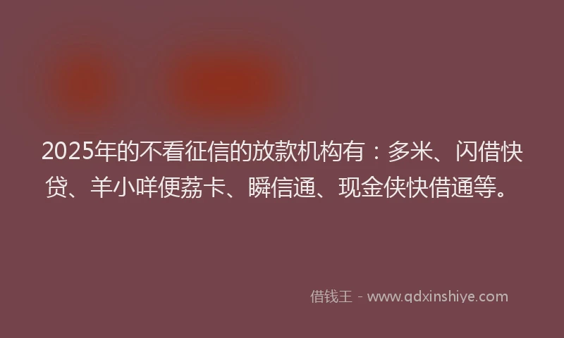 2025年的不看征信的放款机构有：多米、闪借快贷、羊小咩便荔卡、瞬信通、现金侠快借通等。