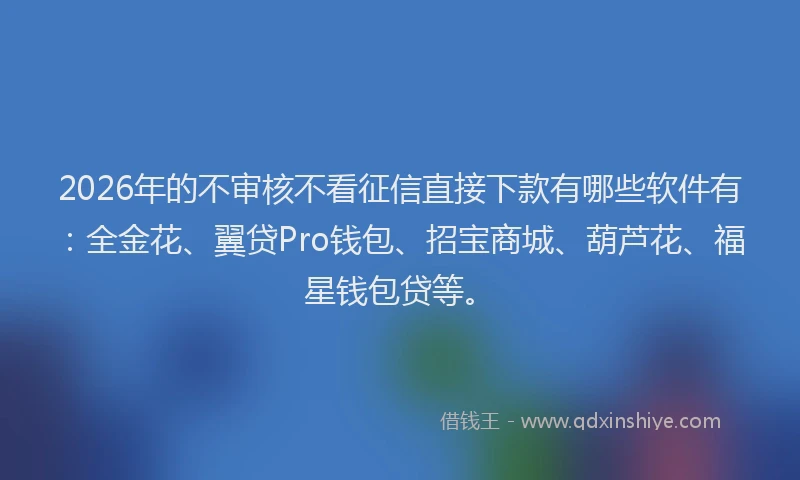 2026年的不审核不看征信直接下款有哪些软件有：全金花、翼贷Pro钱包、招宝商城、葫芦花、福星钱包贷等。
