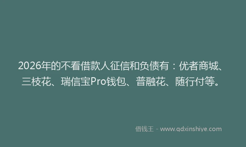 2026年的不看借款人征信和负债有：优者商城、三枝花、瑞信宝Pro钱包、普融花、随行付等。