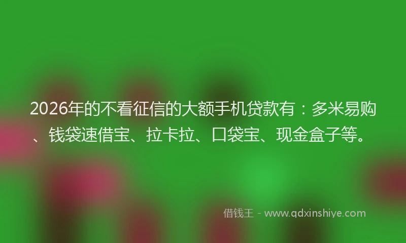 2026年的不看征信的大额手机贷款有：多米易购、钱袋速借宝、拉卡拉、口袋宝、现金盒子等。