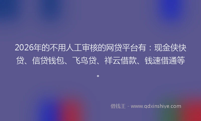 2026年的不用人工审核的网贷平台有：现金侠快贷、信贷钱包、飞鸟贷、祥云借款、钱速借通等。