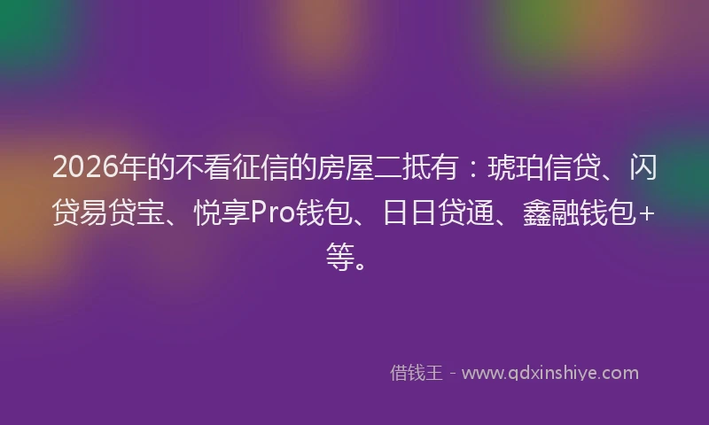 2026年的不看征信的房屋二抵有:琥珀信贷、闪贷易贷宝、悦享Pro钱包、日日贷通、鑫融钱包+等。