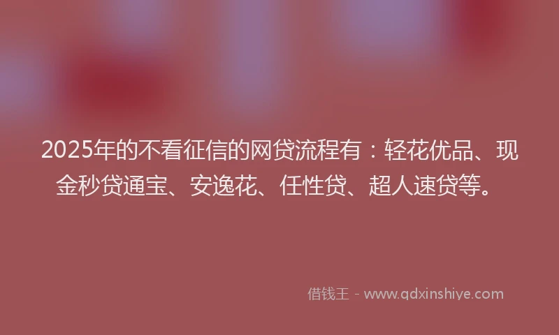 2025年的不看征信的网贷流程有：轻花优品、现金秒贷通宝、安逸花、任性贷、超人速贷等。