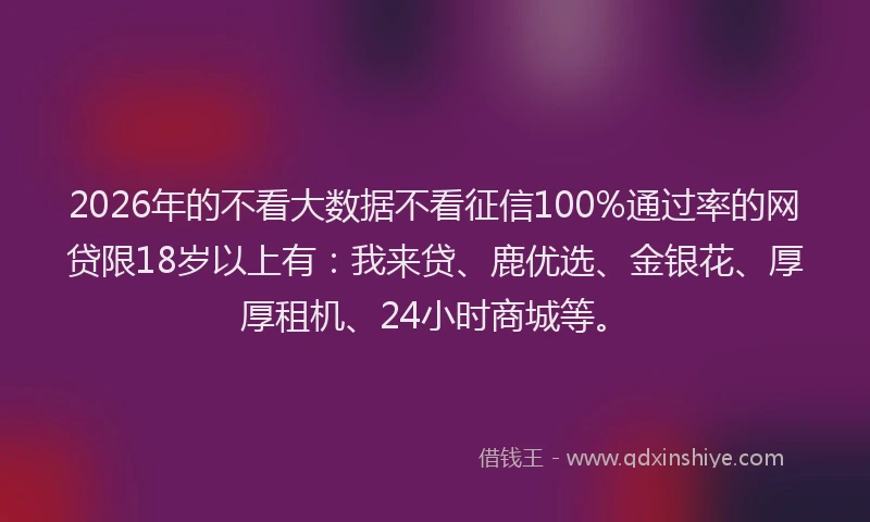 2026年的不看大数据不看征信100%通过率的网贷限18岁以上有：我来贷、鹿优选、金银花、厚厚租机、24小时商城等。