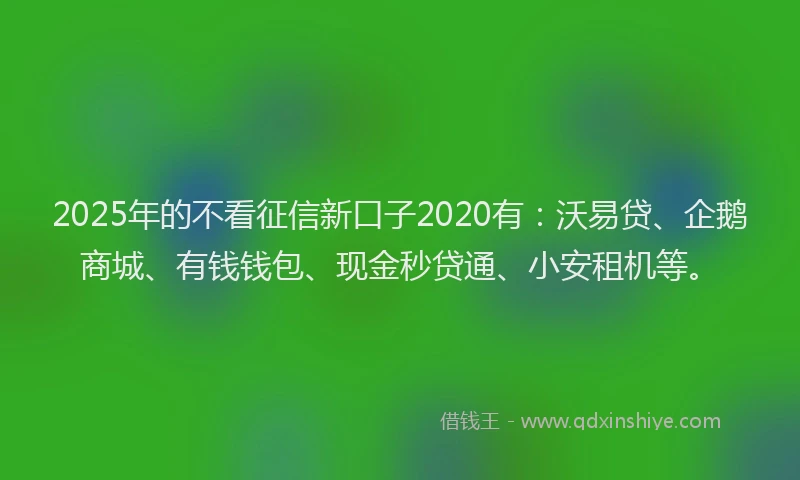 2025年的不看征信新口子2020有：沃易贷、企鹅商城、有钱钱包、现金秒贷通、小安租机等。