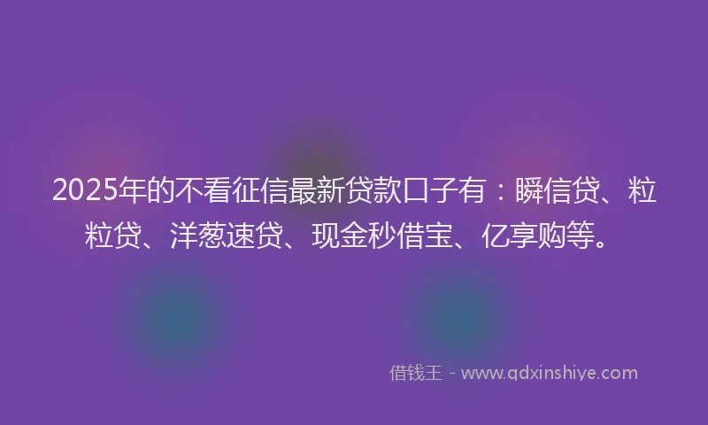 2025年的不看征信最新贷款口子有:瞬信贷、粒粒贷、洋葱速贷、现金秒借宝、亿享购等。
