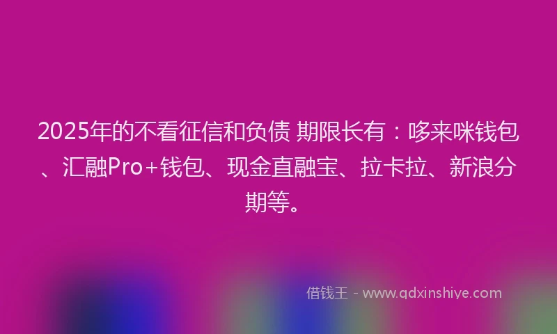 2025年的不看征信和负债 期限长有：哆来咪钱包、汇融Pro+钱包、现金直融宝、拉卡拉、新浪分期等。