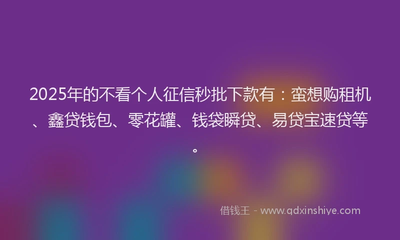 2025年的不看个人征信秒批下款有：蛮想购租机、鑫贷钱包、零花罐、钱袋瞬贷、易贷宝速贷等。