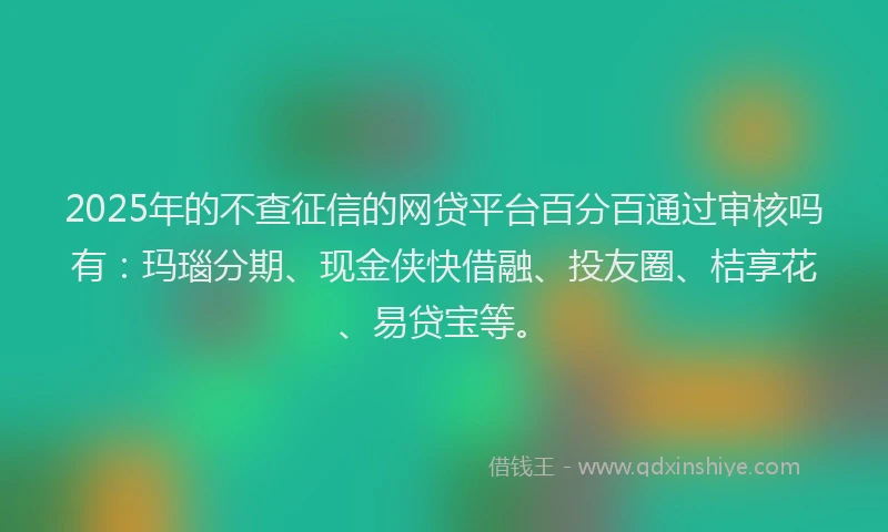 2025年的不查征信的网贷平台百分百通过审核吗有：玛瑙分期、现金侠快借融、投友圈、桔享花、易贷宝等。