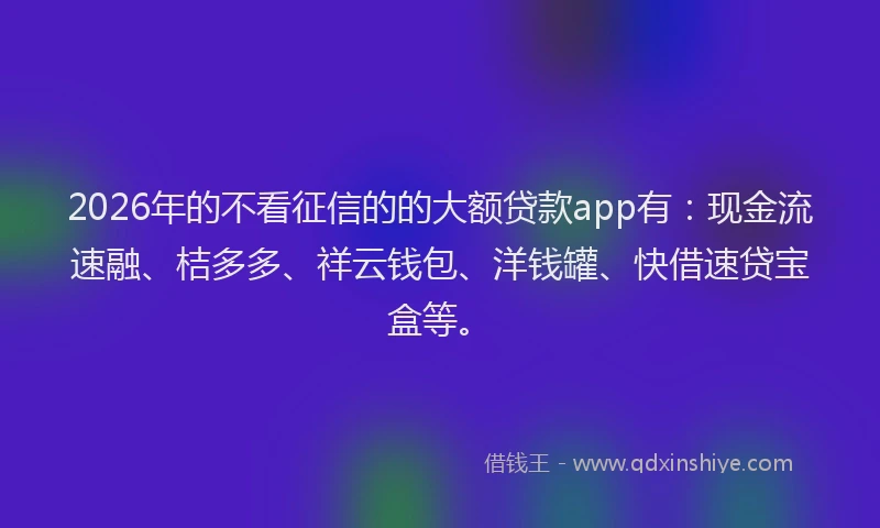 2026年的不看征信的的大额贷款app有：现金流速融、桔多多、祥云钱包、洋钱罐、快借速贷宝盒等。