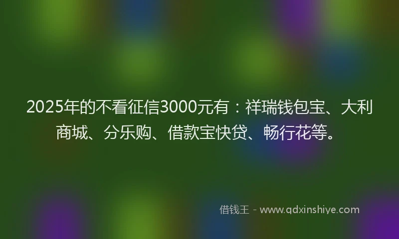 2025年的不看征信3000元有:祥瑞钱包宝、大利商城、分乐购、借款宝快贷、畅行花等。